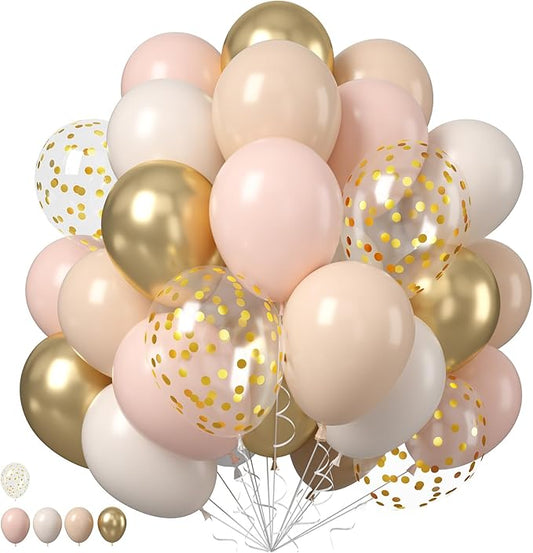Blush Gold Beige Neutral Balloons, 50pcs 12 inch Double Stuffed Beige Boho Balloons with Metallic Gold Confetti Nude Neutral Cream Balloon for Bridal Baby Shower Birthday Wedding Party Decoration
