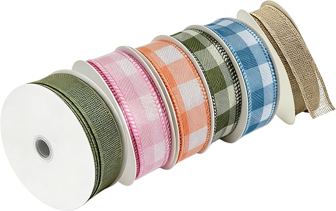 Meseey 1 Inch Plaid & Burlap Wired Ribbon, 6 Rolls Total 30 Yards, Buffalo Check Ribbon for Gift Wrapping, Wreath Making, Crafts, Floral Arrangements, Holiday Decor