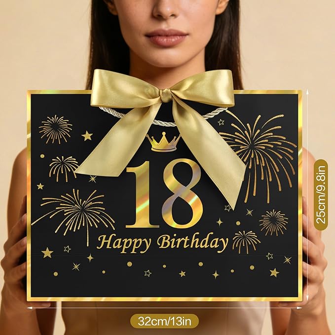 JMANNI Black Gold 18th Birthday Gift Bag with Card and Tissue Paper, 12.6"×9.84"×3.9" Elegant Present Bag for Adults, 18 Year Old Birthday Keepsake Party Supplies