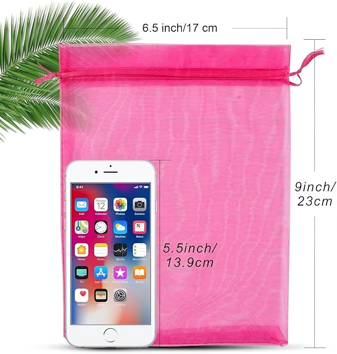 ANZNKU 100 Pcs Sheer Organza Bags 6x9 inches Mesh Drawstring Bag, Small Mesh Bag for Gifts, Large Organza Bags Drawstring for Wedding Mother's Day Party Favor Gift (Hot Pink)