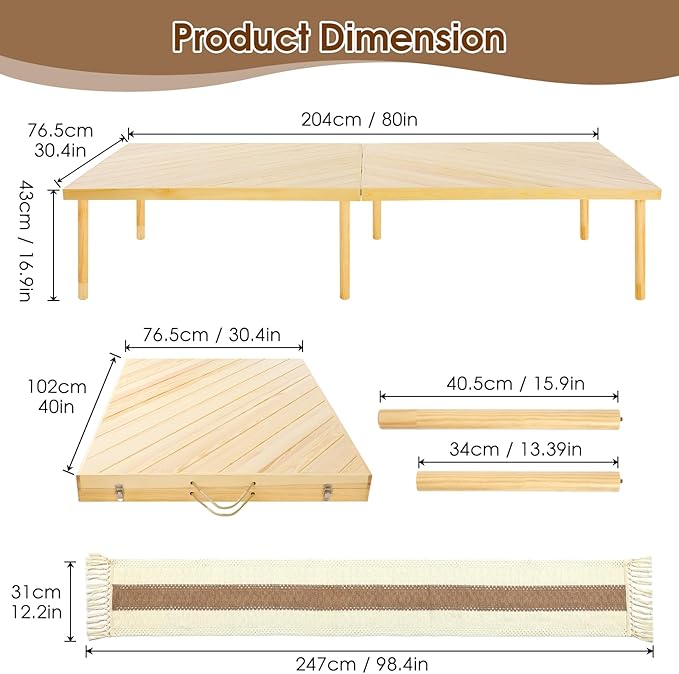 Folding Picnic Table with Table Runner, Portable Boho Low Picnic Table for Indoor Outdoor, 80" x 30" Wooden Table with Adjustable Heights for Camping, Wedding, Beach, Garden, Party (Large Size for 8)
