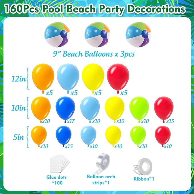 Pool Beach Party Decorations 160Pcs, Hawaiian Tropical Pool Balloon Garland Arch Kit with Beach Ball for Hawaiian Birthday Summer Luau Outdoor Pool Party Baby Shower Gender Reveal Party Decor