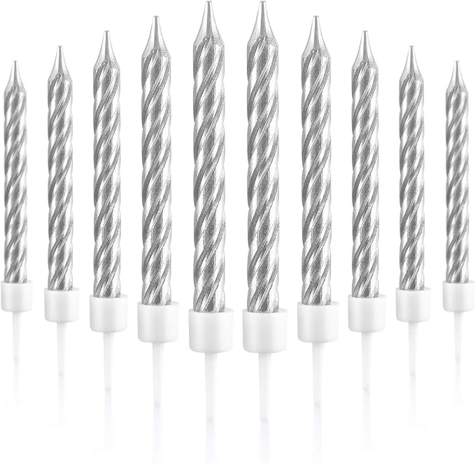 Blulu 50 Pieces Spiral Birthday Candles Metallic Cake Cupcake Candles for Birthday Wedding Party Decorations(Silvery)