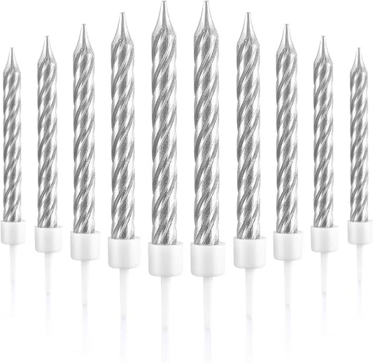 Blulu 50 Pieces Spiral Birthday Candles Metallic Cake Cupcake Candles for Birthday Wedding Party Decorations(Silvery)