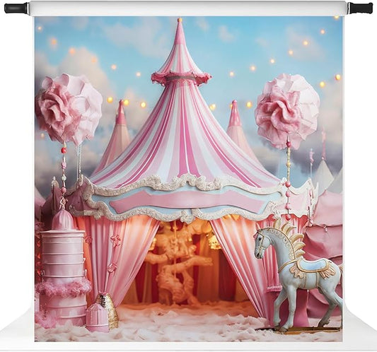 Kate Pink Unicorn Circus Backdrop for Photography Children Kids Cake Smash Photo Background Baby Shower Birthday Party Dessert Table Decor Banner, 8x8ft