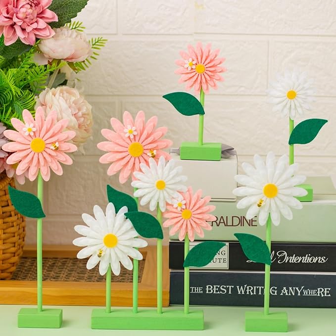 SUNBEAUTY 8PCS Daisy Felt Centerpieces for Tables Pink White Flower Birthday Party Daisy Birthday Decorations Spring Floral Table Centerpieces for Girl Birthday Baby Shower Garden Easter Party