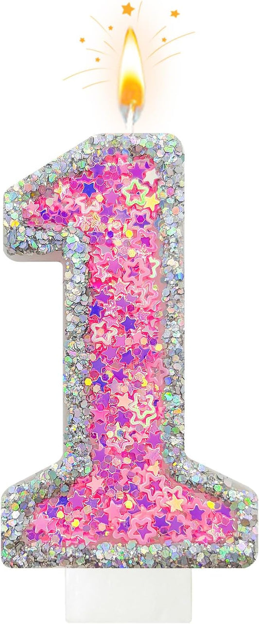 Number 1 Birthday Candle for Cake – Silver Glitter Edge with Pink Star Confetti – Decorative Number Cake Topper for Anniversary & Celebration Party Decor