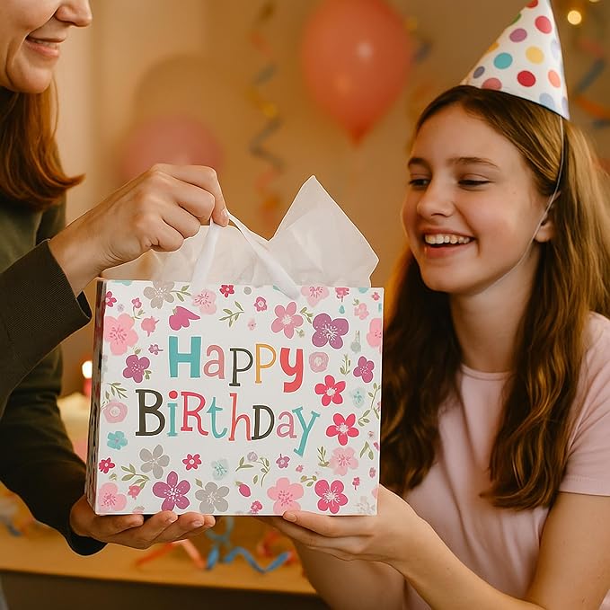 Febbleshow Pink Floral Birthday Gift Bags with Tissue Paper for Women Girls Kids - Colorful Letter Design with Pink Flowers Gift Bag - 13"x10.3"x4.7" (Pack of 2)