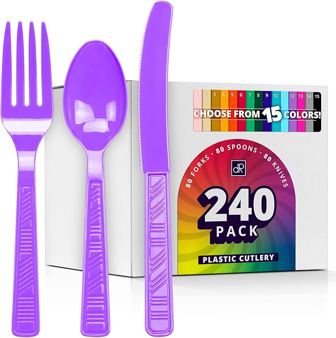 DecorRack Plastic Cutlery Set, Purple Colored Plastic Silverware Sets for Parties, 240 Piece Bulk Heavy Duty Utensils (Purple, 240 Pieces)