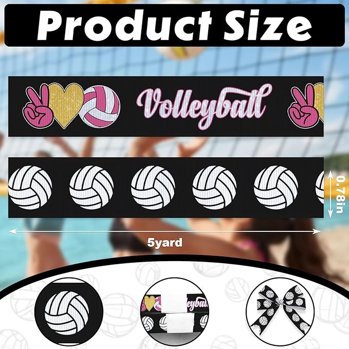 2 Rolls 10 Yards Volleyball Ribbon Black Pink Sports Ball Ribbons for Hair Bows Crafts Gift Wrapping 4/5'' Ball Game Ribbons for Sport Team Birthday Party Home Decoration
