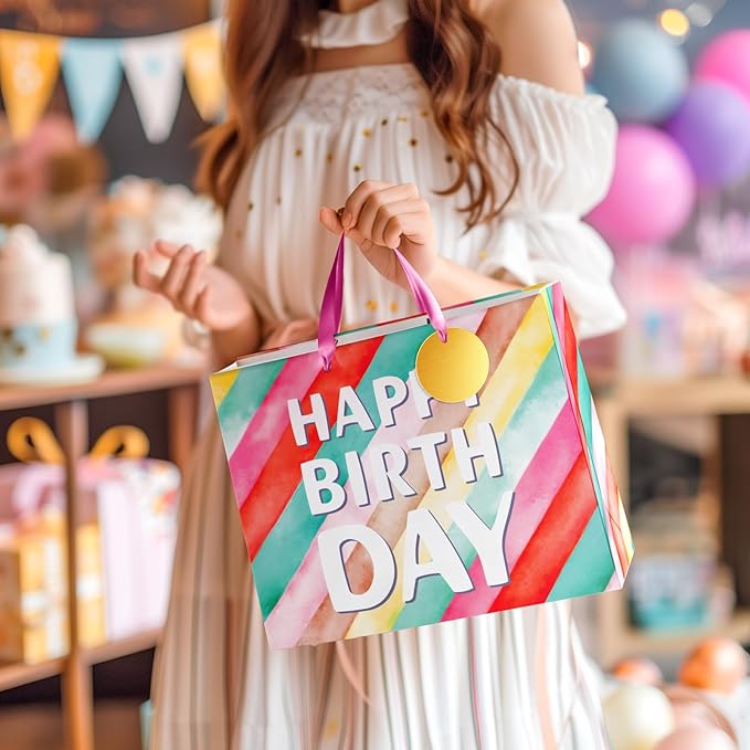 BGTCARDS Birthday Gift Bag with Tissue Paper and Card, Happy Birthday Gift Bags for Party, Reusable Gift Bag for Presents with Handles - 13”x 10”x 5”, 1PCS