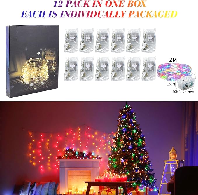 ZGWJ 12 Pack Fairy Lights Battery Operated, 7ft 20 Mini LED Fairy String Lights Silver Wire 3 Modes for DIY, Parties, Wedding, Bedroom, Halloween Christmas Decoration Multicolor