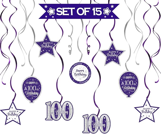 Happy 100th Birthday Purple & Silver Glitter Swirls Streamers Party Decorations - 15 Pcs 100th Birthday Hanging Swirls Streamers Kit,Cheers to 100 Years Old Bday Party Sign.