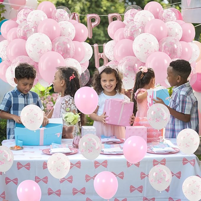 HILAVO Pink Bow Balloons, 12 Inch Pastel Light Pink Transparent White Bow Print Coquette Balloon for Girls Women Birthday Bachelorette Party Bridal Baby Shower Wedding Anniversary Decorations Supplies