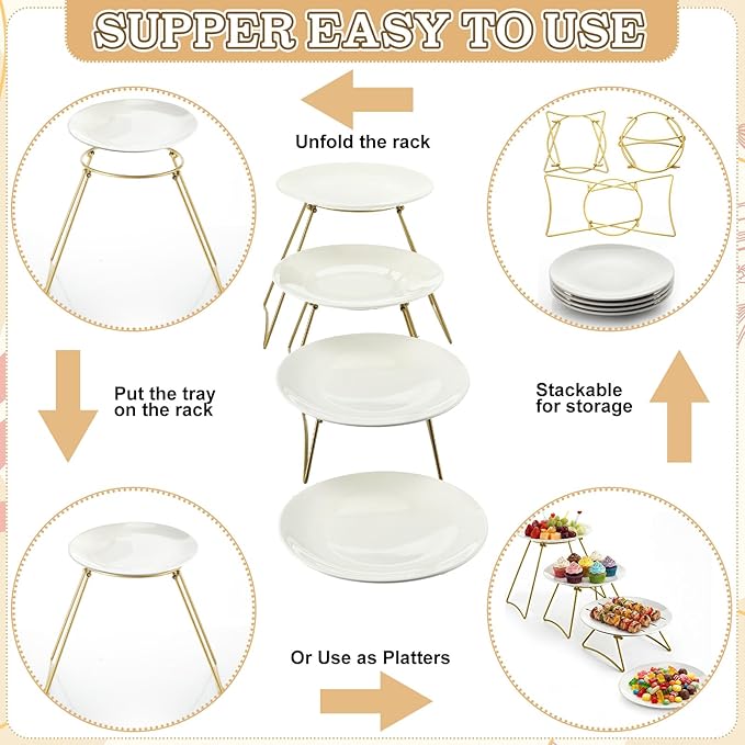 4 Tiered Dessert Serving Stand with White Porcelain Plates, Cookie Table Display Set, 10"x10" Large Dessert Table Display Set for Veggie, Fruit, Cookies for Party Buffet Entertaining