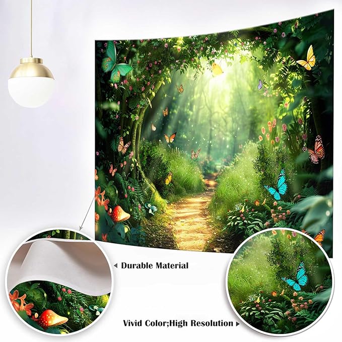 Mocsicka Enchanted Forest Banner Backdrop Fairy Magic Forest Party Decorations Banner Butterfly for Kids Girls Wonderland Background for Photography (Green, 120x82 inch)