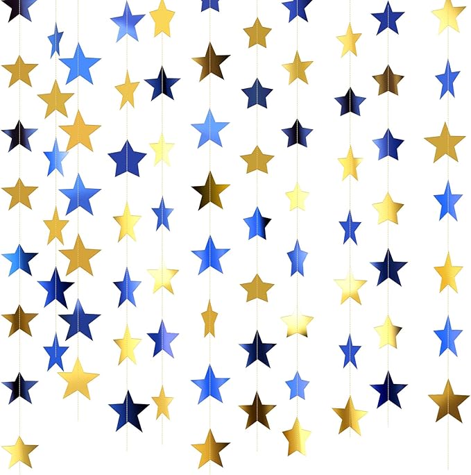 Patelai Glitter Star Garland Banner 2026 Graduation Decor 130 Feet Star Hanging Banner Twinkle Backdrop for Party Birthday Classroom Wedding Supplies(Blue, Gold)