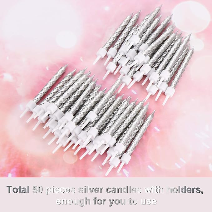 Blulu 50 Pieces Spiral Birthday Candles Metallic Cake Cupcake Candles for Birthday Wedding Party Decorations(Silvery)