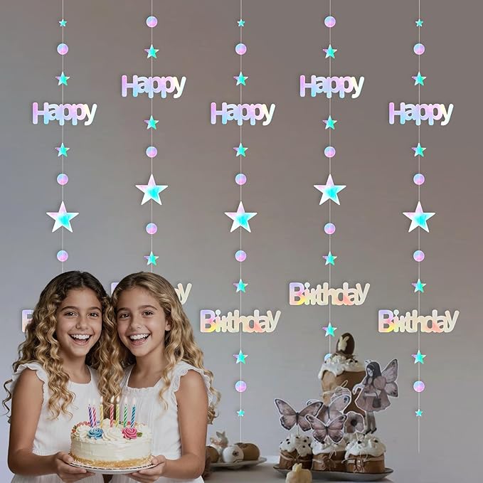 Pre-Strung Iridescent Happy Birthday Banner Decorations, No DIY Holographic Star Circle Dot Garland Sign Hanging Streamers Birthday Party Decor for Women Men Girl Boy Party Supplies