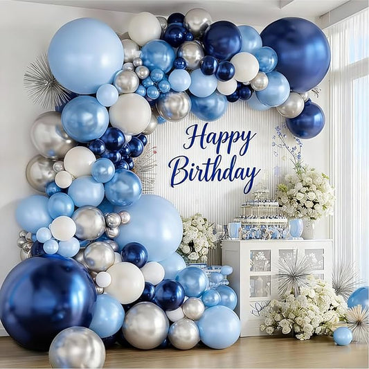Blue Silver White Balloons Arch Kit - 129pcs Navy Light Metallic Blue Silver White Latex Balloons for Birthday Wedding Bridal Shower Graduation Fathers Day Prom Party Decorations