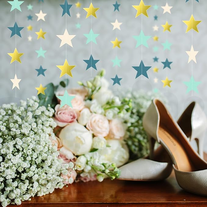 Patelai 130 Feet Glitter Star Garland Banner 2026 Party Decoration Double Side Star Hanging String Streamer Paper Twinkle for Graduation Wedding Birthday (Dark Green,Gold,Yellow,Light Green,Apricot)