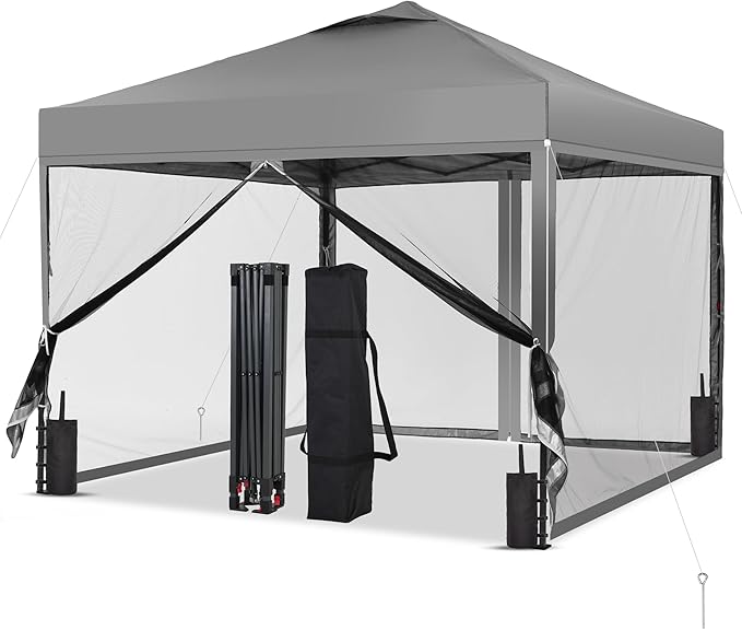 GDY 10x10 Pop up Canopy Tent with Mosquito Netting, Easy up Gazebo for Patio, Camping and Garden, Includes 4 Sandbags, Gray
