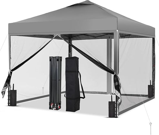 GDY 10x10 Pop up Canopy Tent with Mosquito Netting, Easy up Gazebo for Patio, Camping and Garden, Includes 4 Sandbags, Gray
