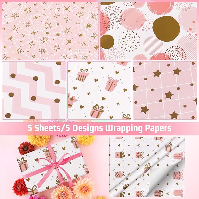 Pink Christmas Wrapping Paper, Girl Wrapping Paper with Metallic Gold Foil Design, Birthday Wrapping Papers for Girls and Women, Gift Wrapping Supplies for Birthday, Valentines Day, Christmas, Baby Shower, 27.5x19.6Inch