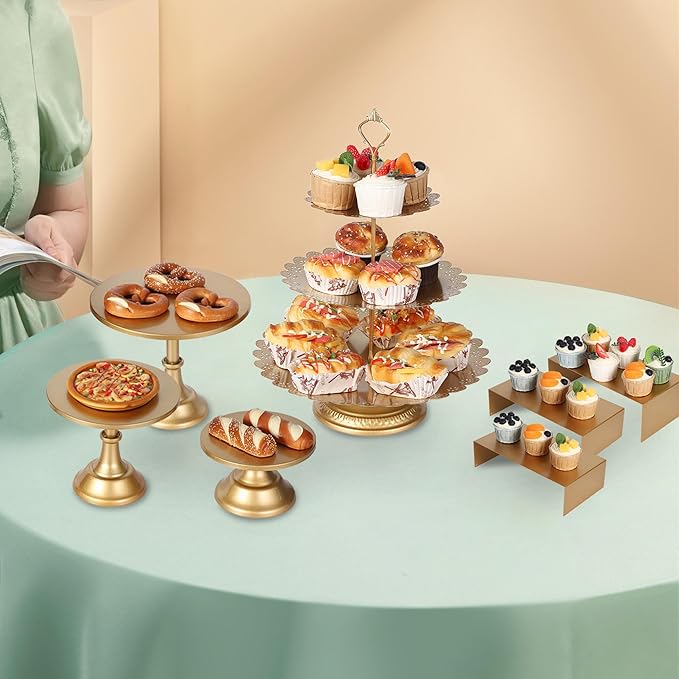 Garvee 7 Pcs Gold Metal Cake Stand Set, Dessert Table Display Set with 3 Sizes Round Pedestal Stands Tiered Cupcake Holder Display Risers for Party, Wedding, Birthday, Baby Shower, Anniversary