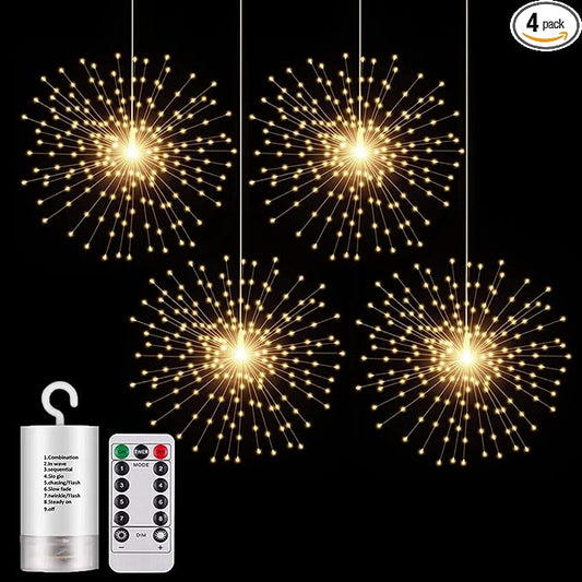 PXBNIUYA 4 Pack Starburst Sphere Lights,200 LED Firework Lights, 8 Modes Dimmable Remote Control Waterproof Hanging Fairy Light, Copper Wire Light for Patio Parties Christmas (Battery Operated)