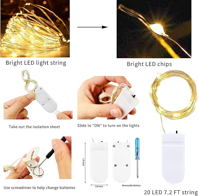 SmilingTown Battery Operated Fairy String Lights 24 Pack 20 LED 7.2ft Starry Firefly Copper Wire for Wedding Party Table Centerpiece Halloween Christmas Decorations (Warm White)