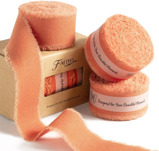 Burnt Orange Cotton Ribbon 1 Inch Burnt Orange 3 Rolls 21 Yards Frayed Edge Fabric Set for Wedding Decor, Bridal Bouquet Wrap, Baby Shower, Gift Wrapping, Fall Decor & Halloween Party