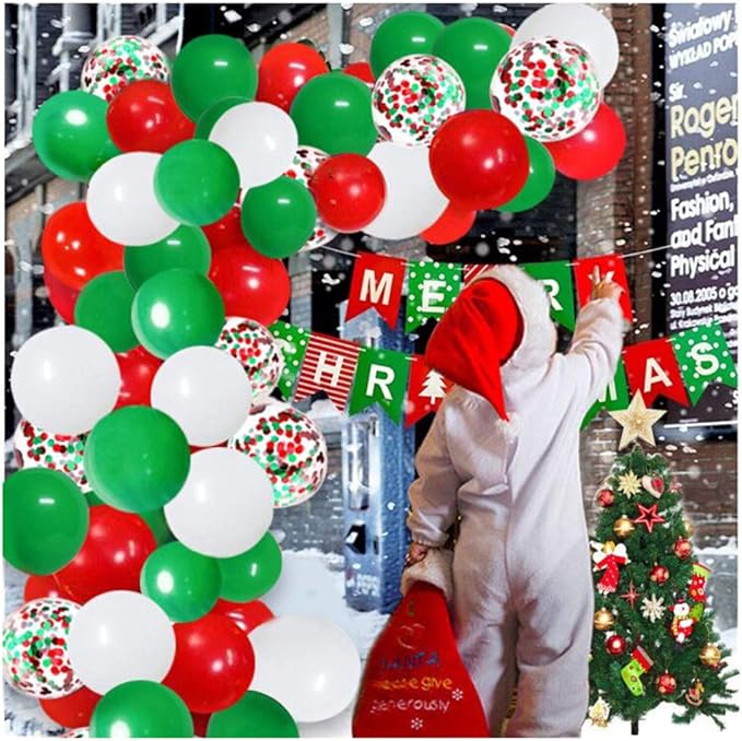 Red Green White Balloon Arch Strip Kit - 104pcs 16ft Balloon Garland for Christmas, New Year, Birthday, Wedding, Carnival Party Backdrop, DIY Kit for Kids & Families