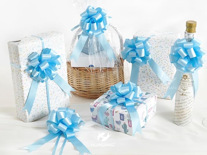HUIHUANG Blue Bows for Gift Wrapping 12 PCS Baby Blue Pull Bows 4 inch Satin Gift Bow for Presents, Gift Basket, Paper Bag, Baby Shower Favors, Wrapping Accessories, Wedding Holiday Decor