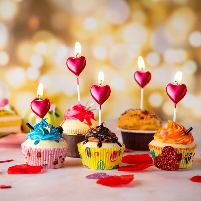 BBTO Metallic Heart Birthday Cake Candles Cupcake Topper Candles Cake Dessert Holders for Wedding, Anniversary, Romantic Night, Mother's Day, Party Decoration(10,Red)