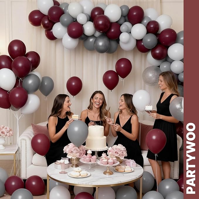 PartyWoo Burgundy White and Gray Balloons 66pcs 12 Inch Burgundy Maroon White Grey Balloons for Graduation Baby Shower Birthday New Year's Eve Anniversary Bachelorette Retirement Party Decorations