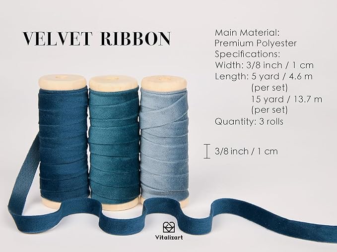 Vitalizart Blue Velvet Ribbon Set 3/8" x 15 Yd Fabric Trim Royal & Dusty Blue 3 Rolls * 5 Yd for Christmas Wreath Decoration Handmade Craft Ornaments Gift Wrapping & Bow Making