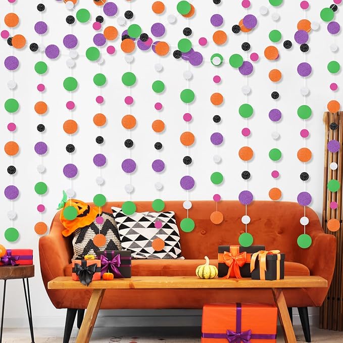 Outus 5 Pieces Orange,Black,Purple,Green,White Round Dots Garland Graduation Party Hanging Decor Each Length 13.1ft Glitter Paper Dot Streamers for Birthday Wedding Classroom Supplies