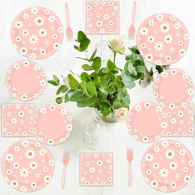 50 Guests Daisy Plates and Napkins Party Supplies Groovy Floral Party Decorations Disposable Tableware Set Pink One Two Groovy Birthday Dinnerware Favor for Summer Girls Wedding Baby Shower, 200PCS