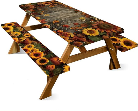ANNA QUEEN 6FT Sunflower Picnic Table Cover Set 3PCS 72"x30", Waterproof Outdoor Bench and Tablecloth Furniture Protection for Camping Beach BBQ Patio Backyard (Sunflower Farm)