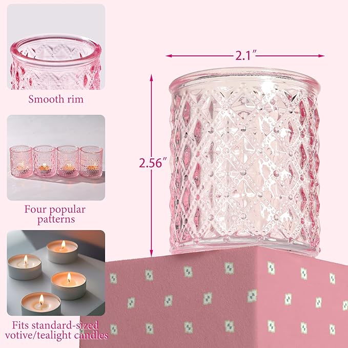 LETINE Set of 16 Pink Votive Candle Holders, Glass Tea Light Candle Holder with 4 Retro & Floral Patterns, Decorative Candle Holders for Parties, Spring Summer Wedding Table Centerpieces & Home Decor