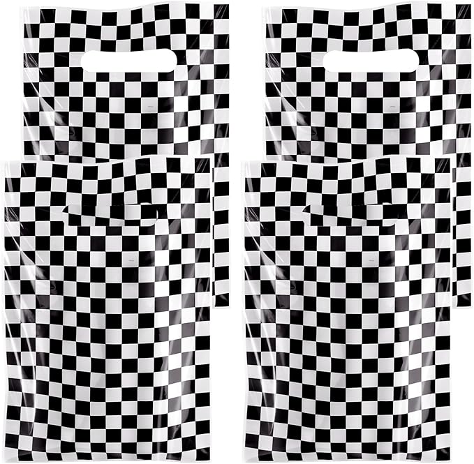 Hxezoc 50 Pieces Race Car Party Bags Plastic Checkered Bags Practical Gift Bags Car Party Favors for Race Car Theme Birthday Party Decoration Supplies