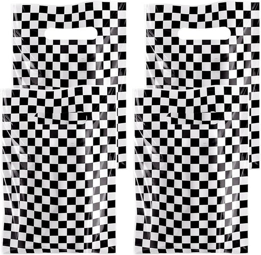 Hxezoc 50 Pieces Race Car Party Bags Plastic Checkered Bags Practical Gift Bags Car Party Favors for Race Car Theme Birthday Party Decoration Supplies