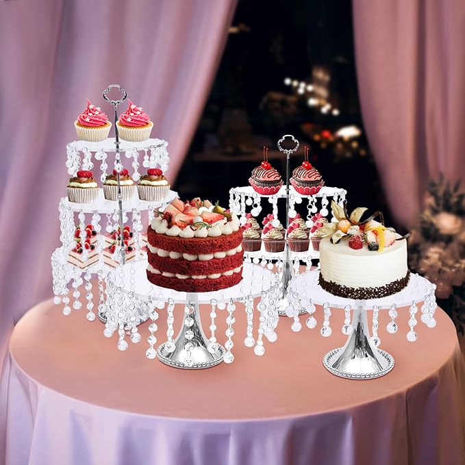 4 PCS Cake Stand Set Silvery Crystal Dessert Table Plate Set,Metal Cupcake Tray Candy Fruit Display Tower for Wedding Afternoon Tea Birthday Party Baby Shower Anniversary