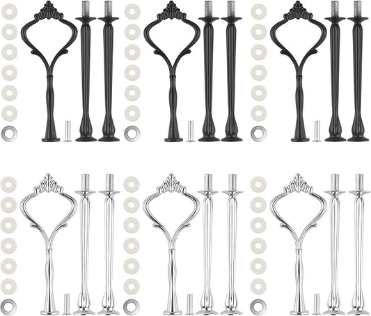 6 Set Tiered Tray Hardware for Cake Stand Mold Crown 3 Tier Cake Stand Fittings Hardware Holder for Wedding and Party Making Resin Cupcake Dessert Platter Serving Stand (Silver & Black, L)
