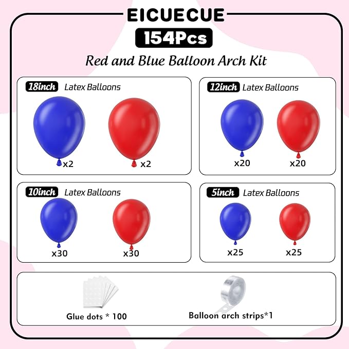 Red and Blue Balloons Garland Arch Kit 154Pcs - 5 10 12 18 inch Different Size Royal Blue and Red Balloon for Birthday Baby Shower Wedding Independence Day Graduation Themed Party Decorations