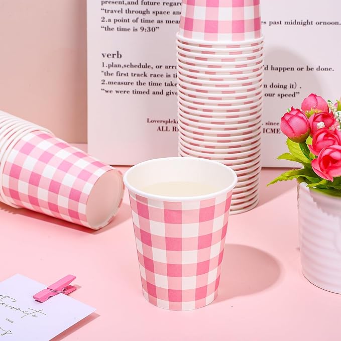 Whaline 50Pcs Buffalo Plaids Paper Cups Light Pink Checkered Disposable Cups Party Decorative Cups for Valentine’s Day Birthday Cold Hot Drinkware Tableware Decor Supplies, 9 Oz