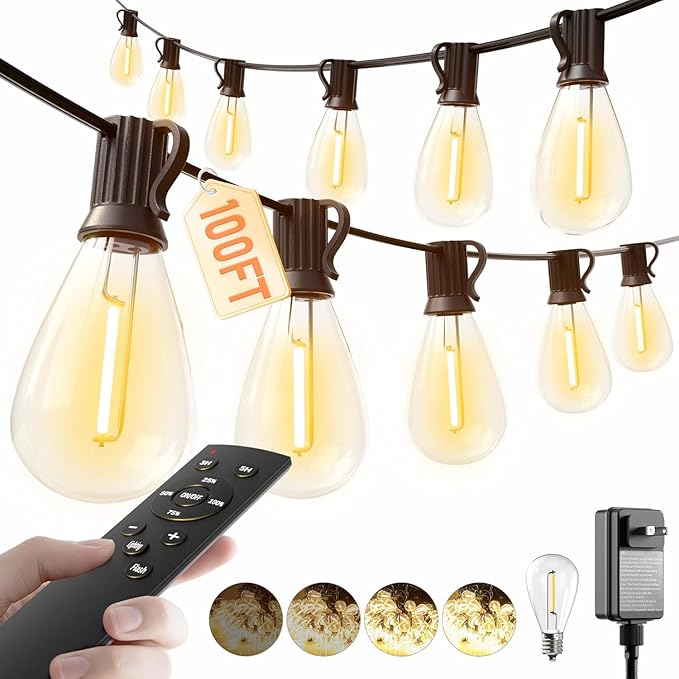 luckystyle 100FT LED Outdoor String Lights with Remote, 35+ 1 Shatterproof Bulbs Waterproof and Dimmable Patio Lights for Porch, Garden, Backyard, Deck, Balcony, 2700K Hanging Lighting