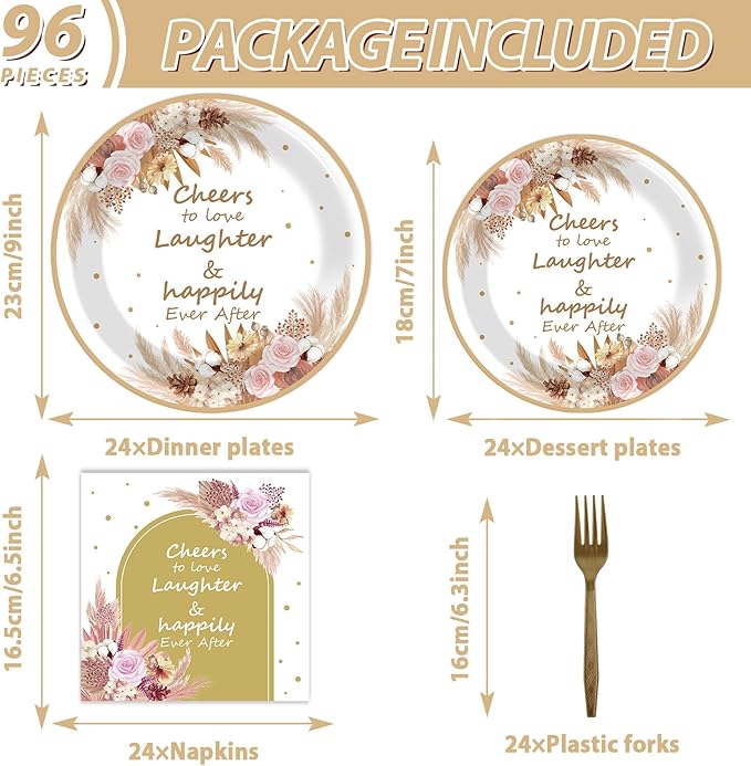 OBUSATT Boho Bridal Shower Party Supplies: 96Pcs Boho Floral Wedding Paper Plates, Napkins, Forks - Disposable Party Decorations for Engagement, Birthday, Wedding Parties