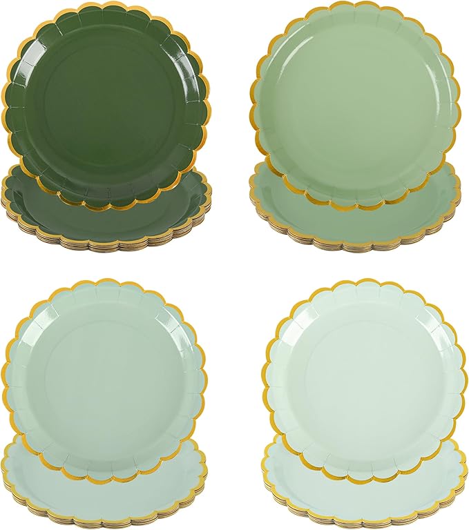 AimFun 24 Pcs Sage Green Scalloped Party Plates St Patricks Day Gold Foil Paper Plates Disposable 9inch Gradient Serving Plates for Birthday Wedding Bridal Baby Shower Party Supplies
